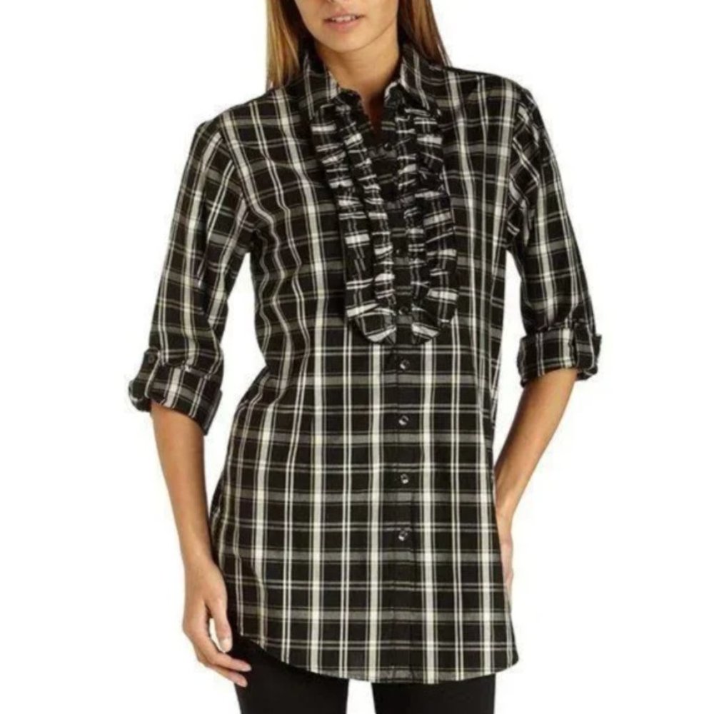 Kenneth Cole Black & White Plaid Ruffled Button-up Size 2